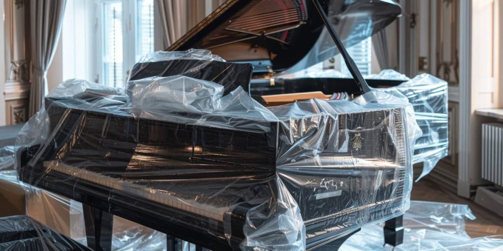 piano wrapped in plastic after move